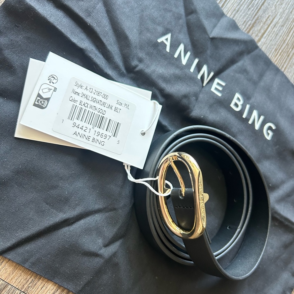 ANINE BING WOMENS BLACK SMALL SIGNATURE LINK BELT 100% LEATHER GOLD SIZE M NWT